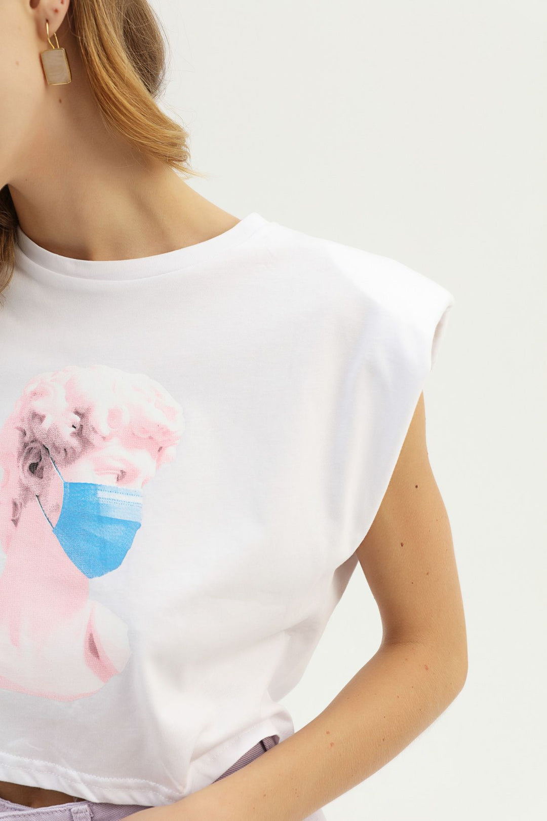 Baskılı Vatkalı Tişört Beyaz