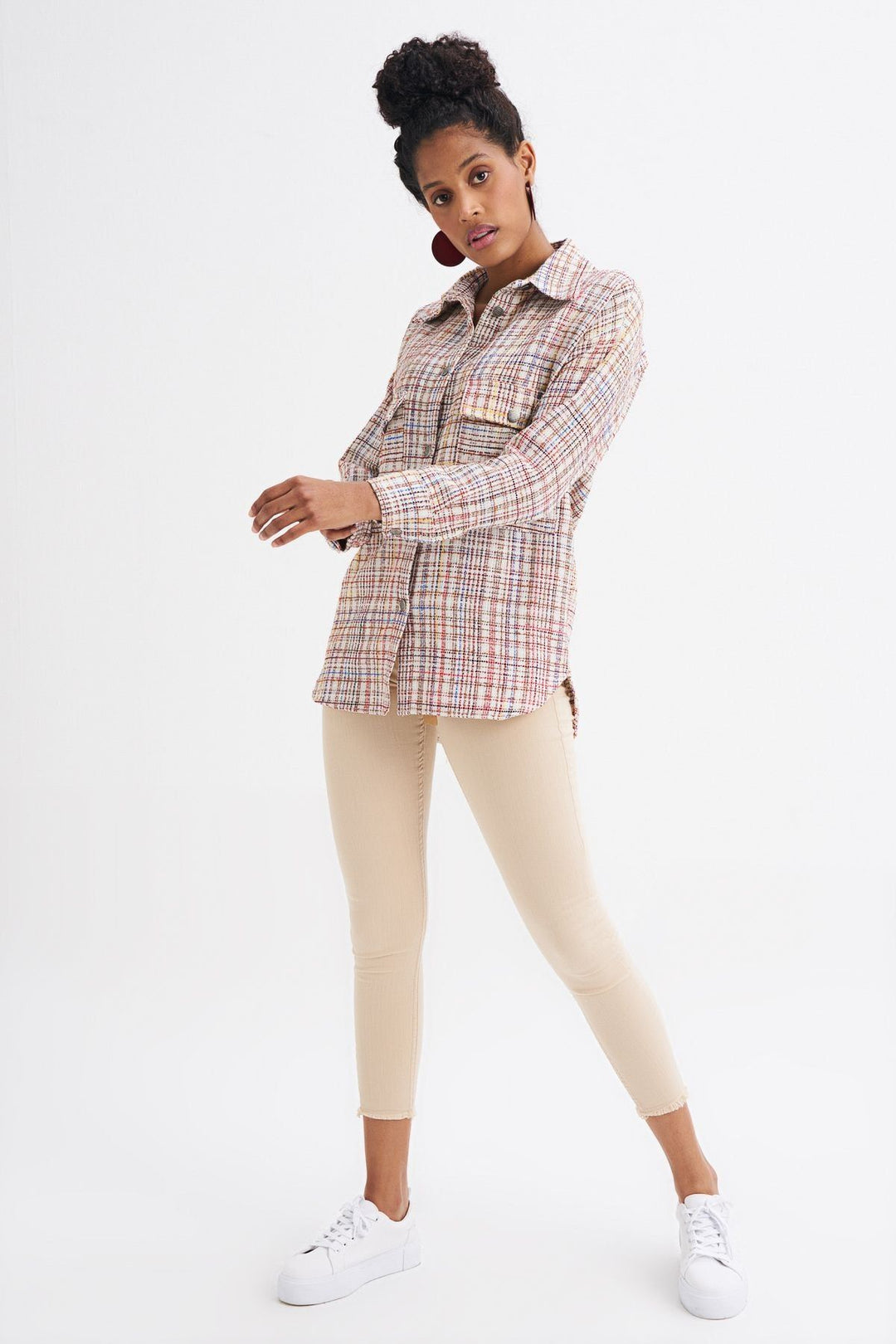 Tweed Pocketed Plaid Shirt Red