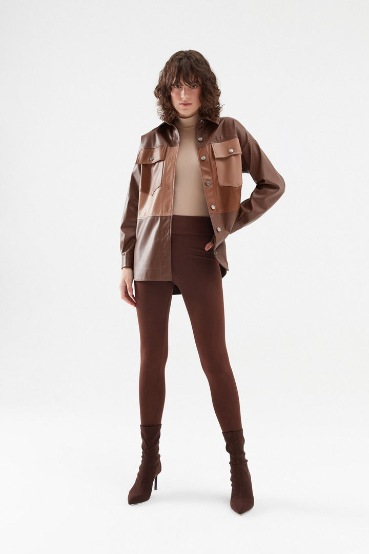 Bloklu Deri Gömlek Koyu Kahve