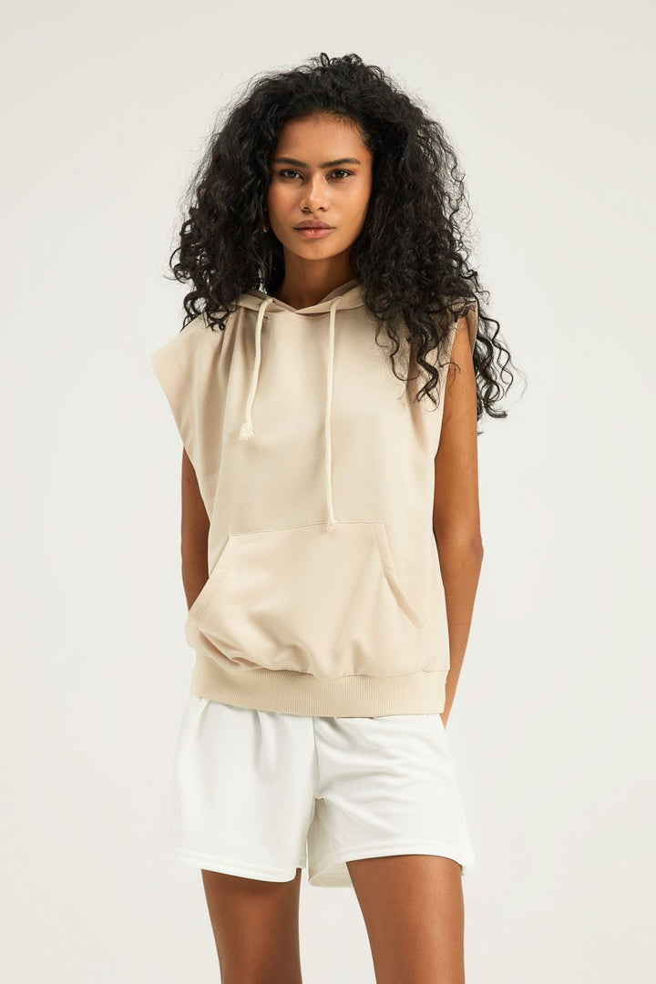 Hooded Kangaroo Pocket Sweatshirt Beige