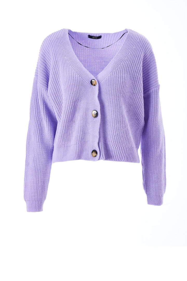 Düğmeli V Hırka Lila