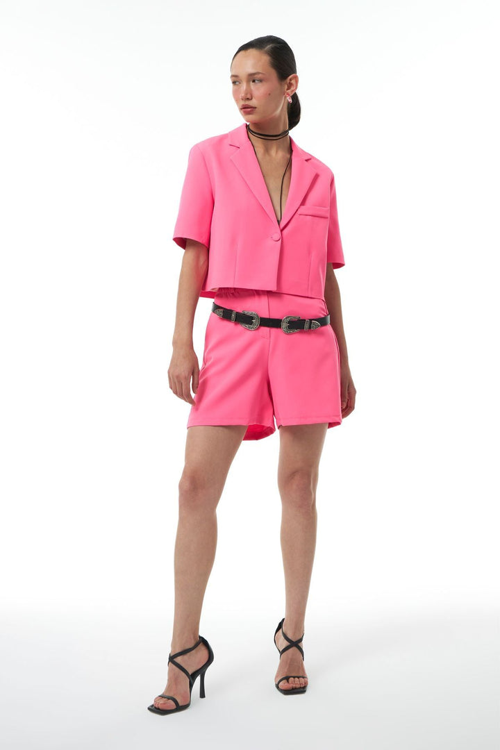 Short Sleeve Crop Blazer Jacket Neon Pink