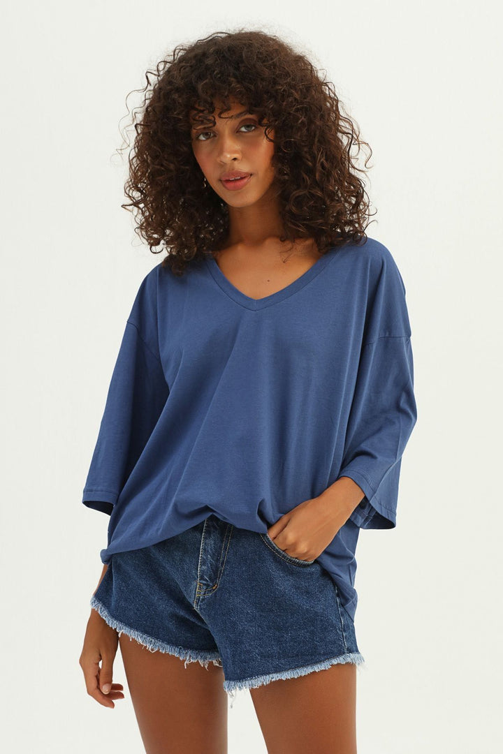 V Yaka Truvakar Kol Tişört İndigo