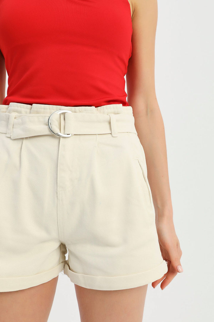 Belted Denim Shorts Bone