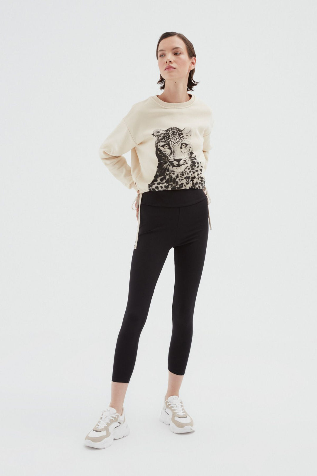 Baskılı Büzgülü Sweatshirt Bej