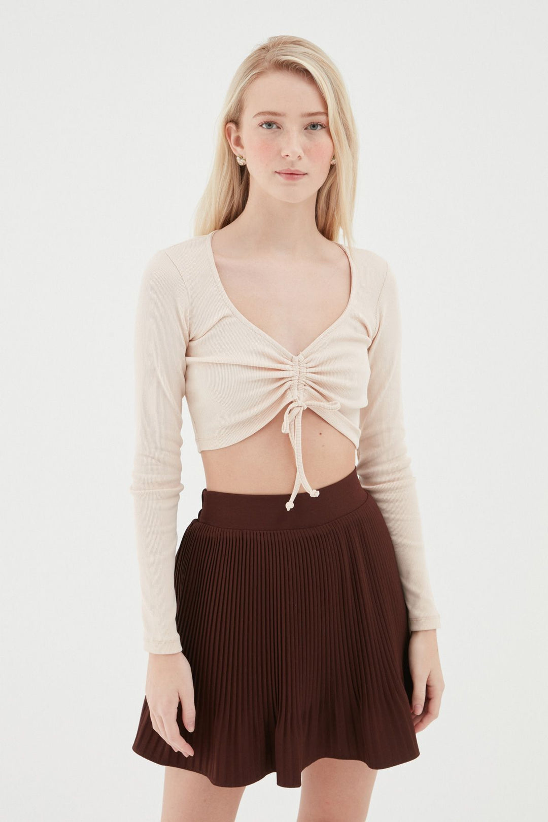 Büzgü Detaylı Crop Bluz Pudra