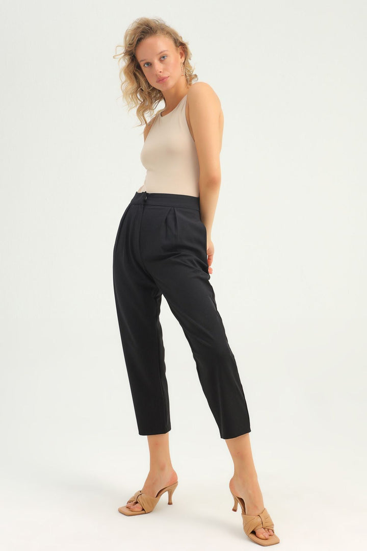 Pileli Yüksek Bel Pantolon Siyah