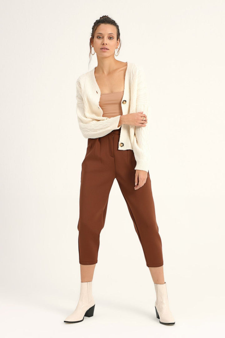 Baklava Desen Düğmeli Hırka Ekru