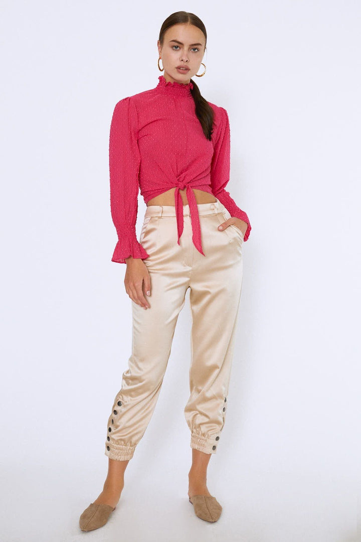 Tie Waist Long Sleeve Blouse Fuchsia