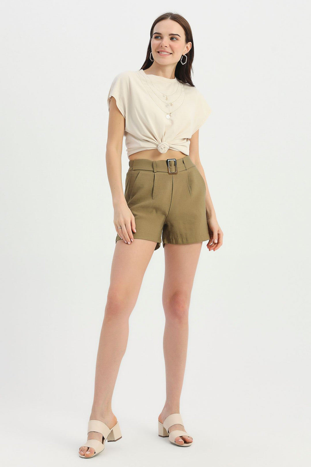 Kemerli Şort Haki
