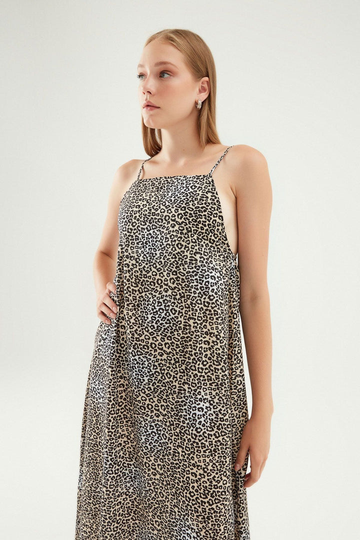 Leopar Desenli Uzun Elbise Kahverengi