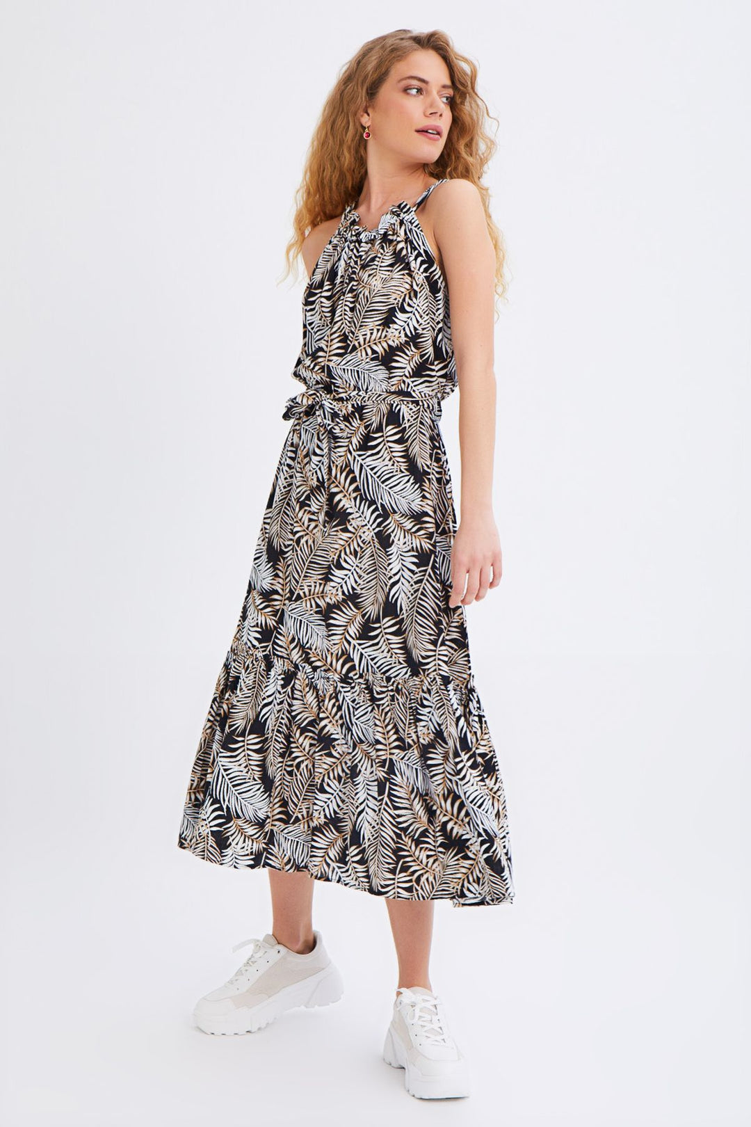 Patterned Halter Neck Dress Black