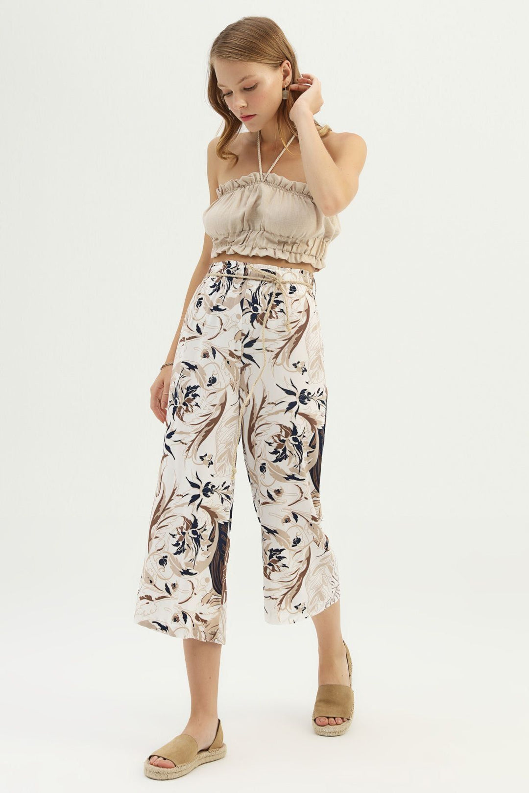 Patterned Straw Rope Belt Trousers Brown