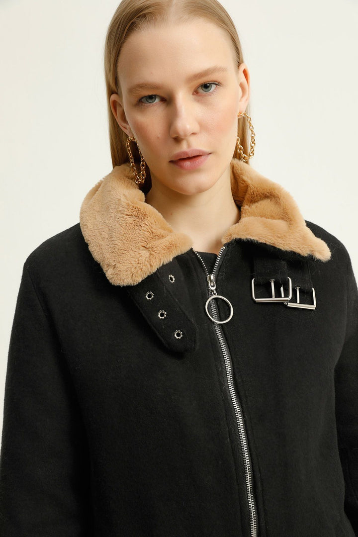 Furry Collar Zippered Coat Black