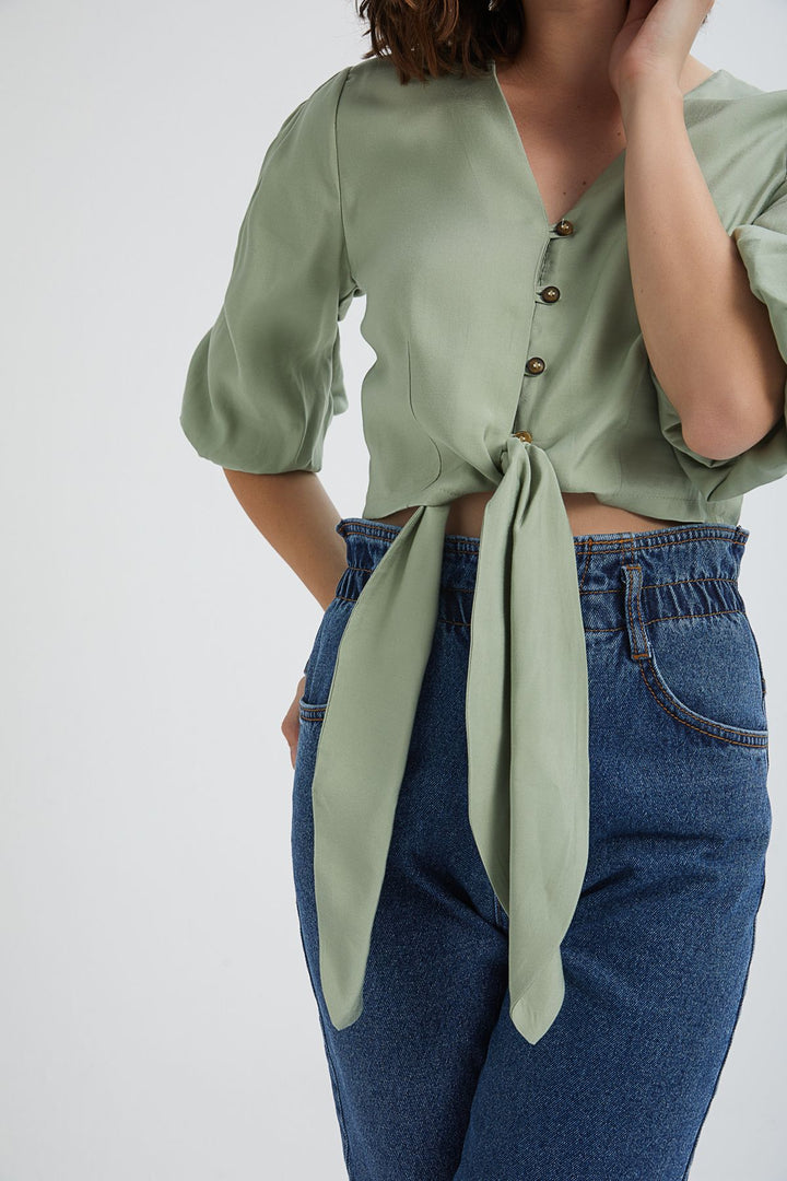 Balloon Sleeve Front Tie Crop Blouse Mint