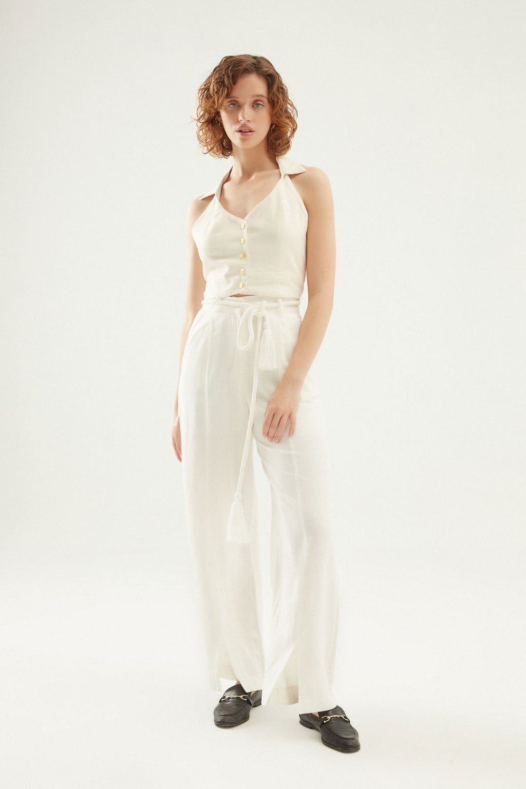 Düğme Detaylı Keten Bluz Naturel