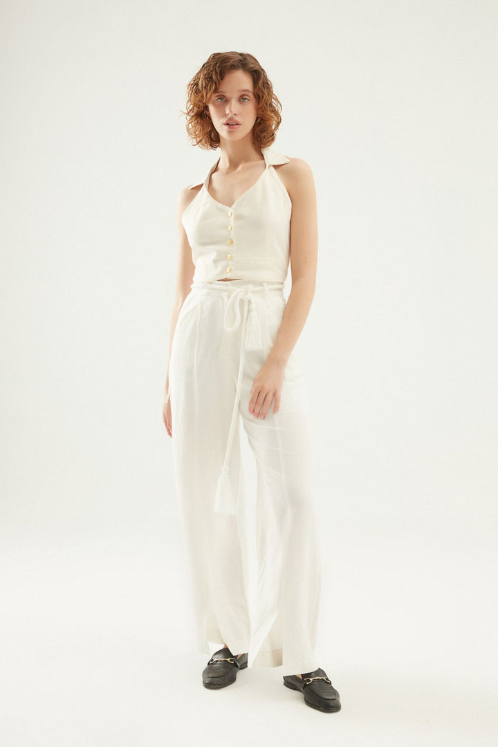 Düğme Detaylı Keten Bluz Naturel