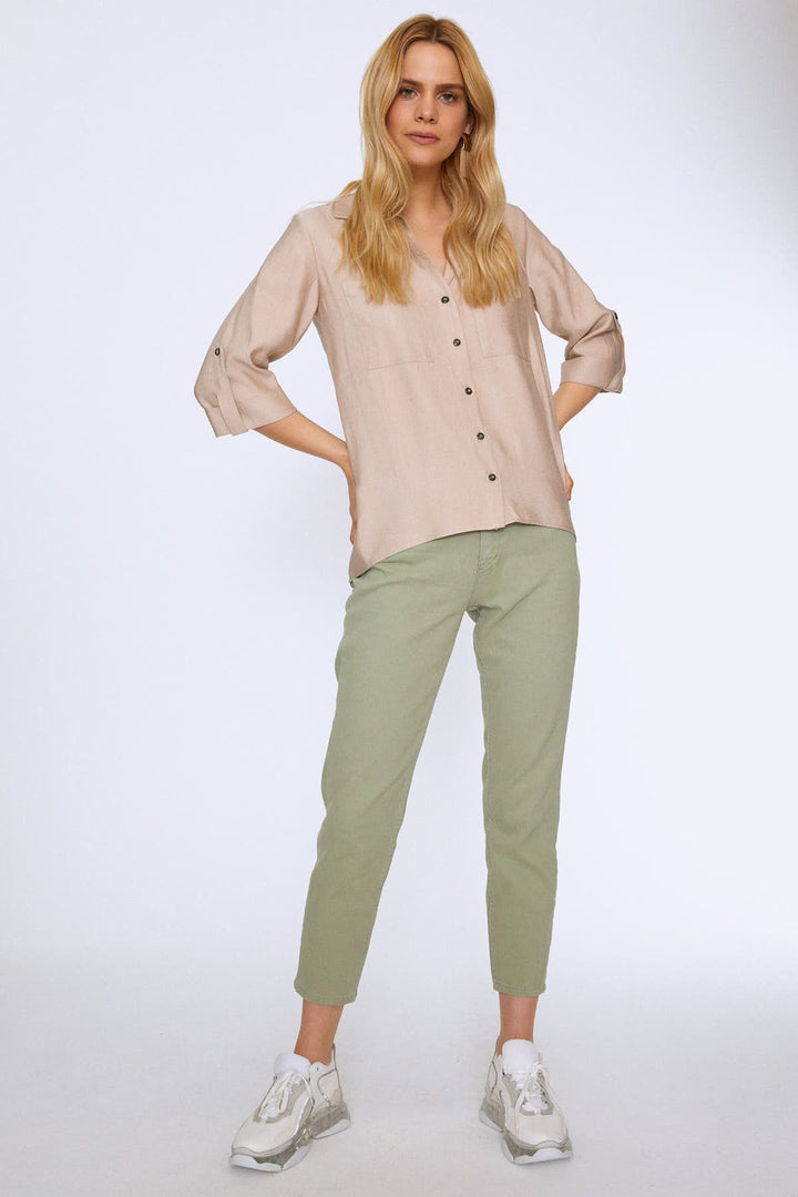 V-Neck Three Quarter Sleeve Shirt Beige