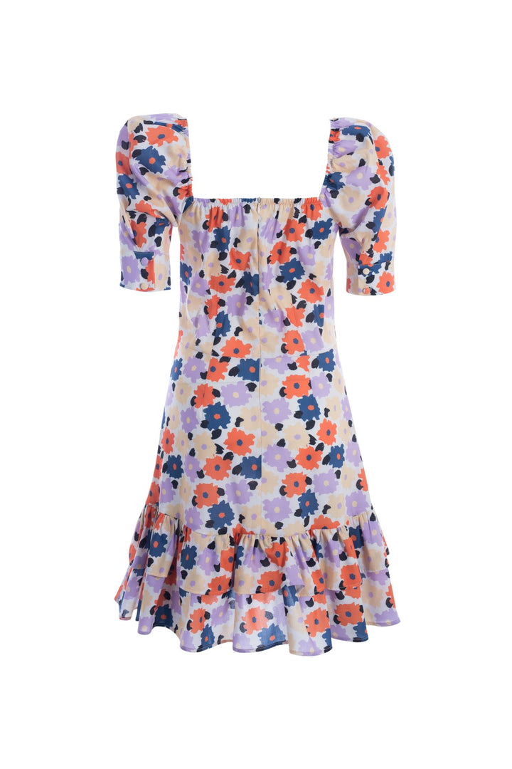 Çiçekli Fırfırlı Mini Elbise Turuncu