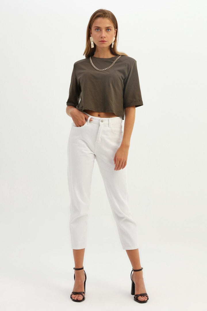 Vatkalı Zincir Aksesuarlı Crop Tişört Haki