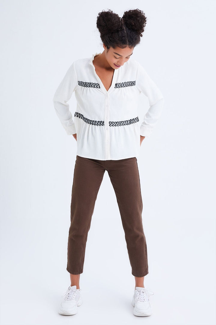 V-Neck Ruffled Striped Shirt Ecru