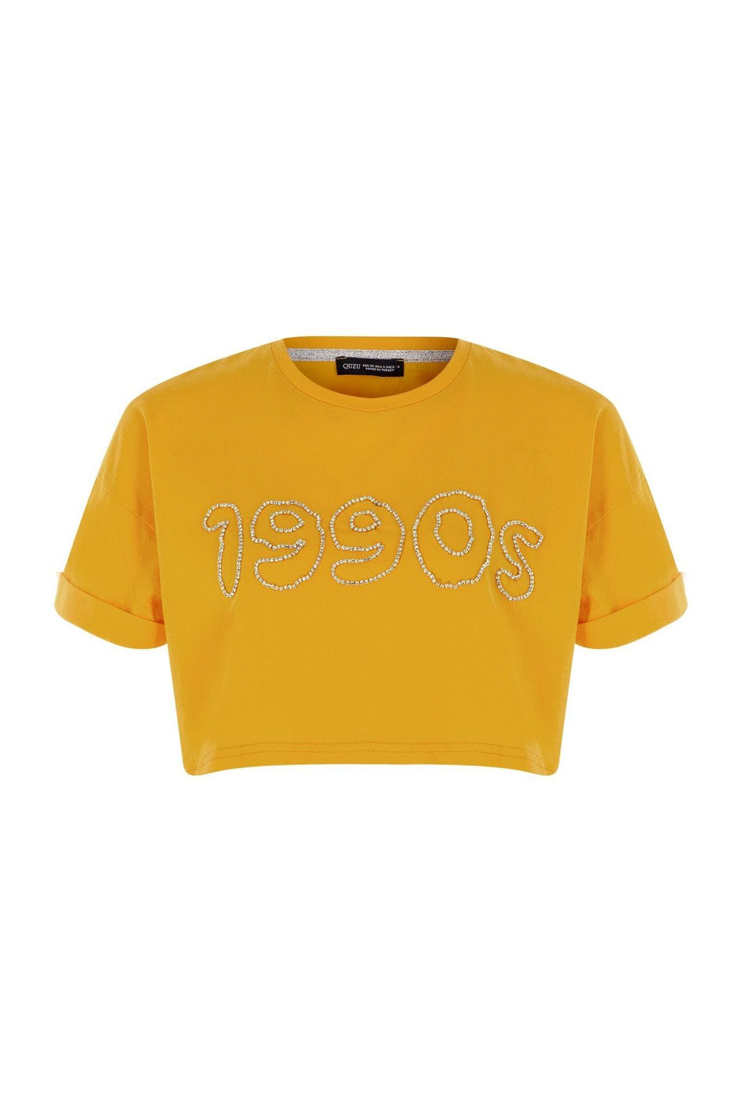 Aksesuar Baskılı Crop Tişört Turuncu