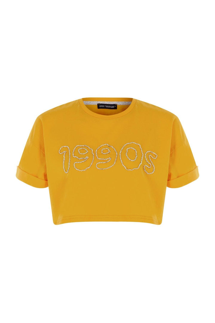 Aksesuar Baskılı Crop Tişört Turuncu
