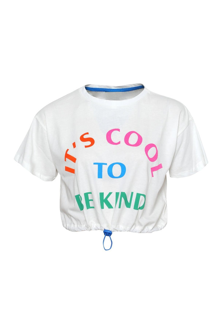 Printed Pleated Crop T-Shirt White