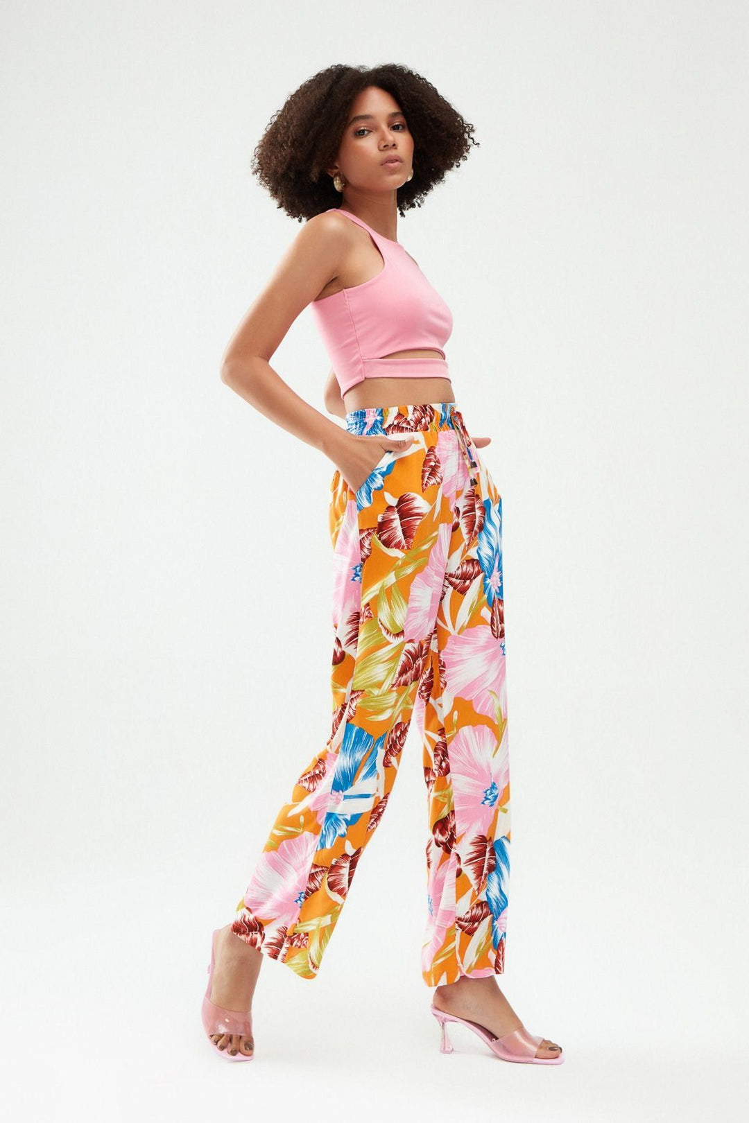 Desenli Beli Lastikli Pantolon Turuncu