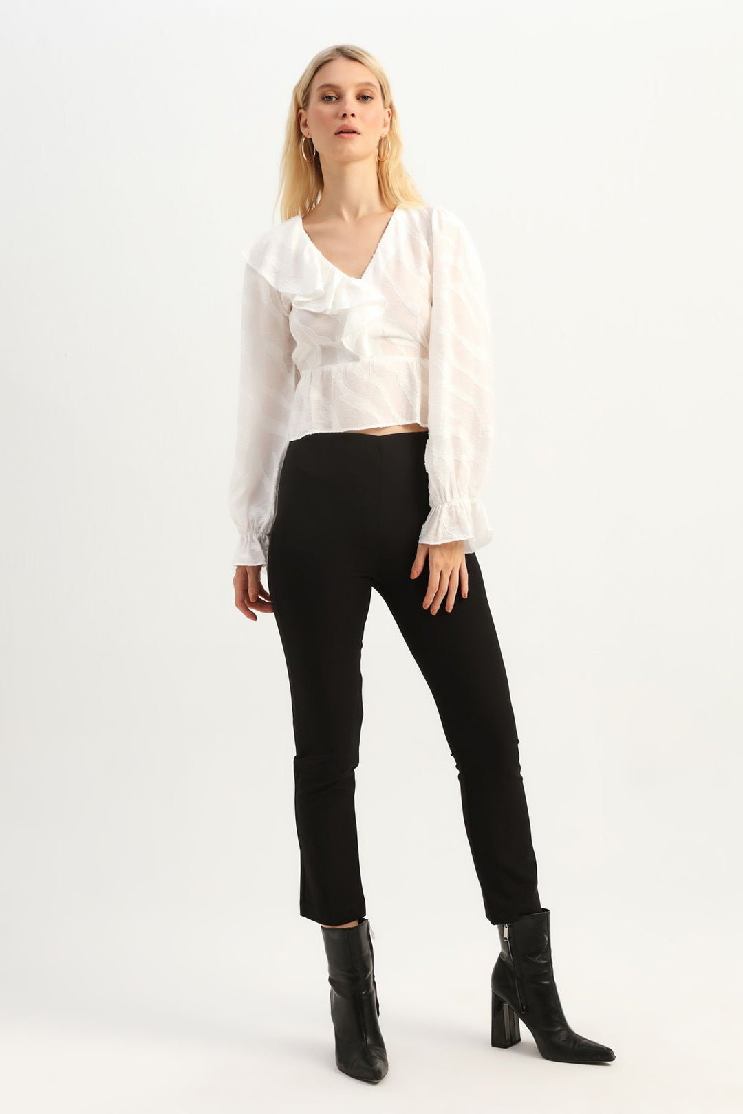Ruffle V Neck Blouse Ecru