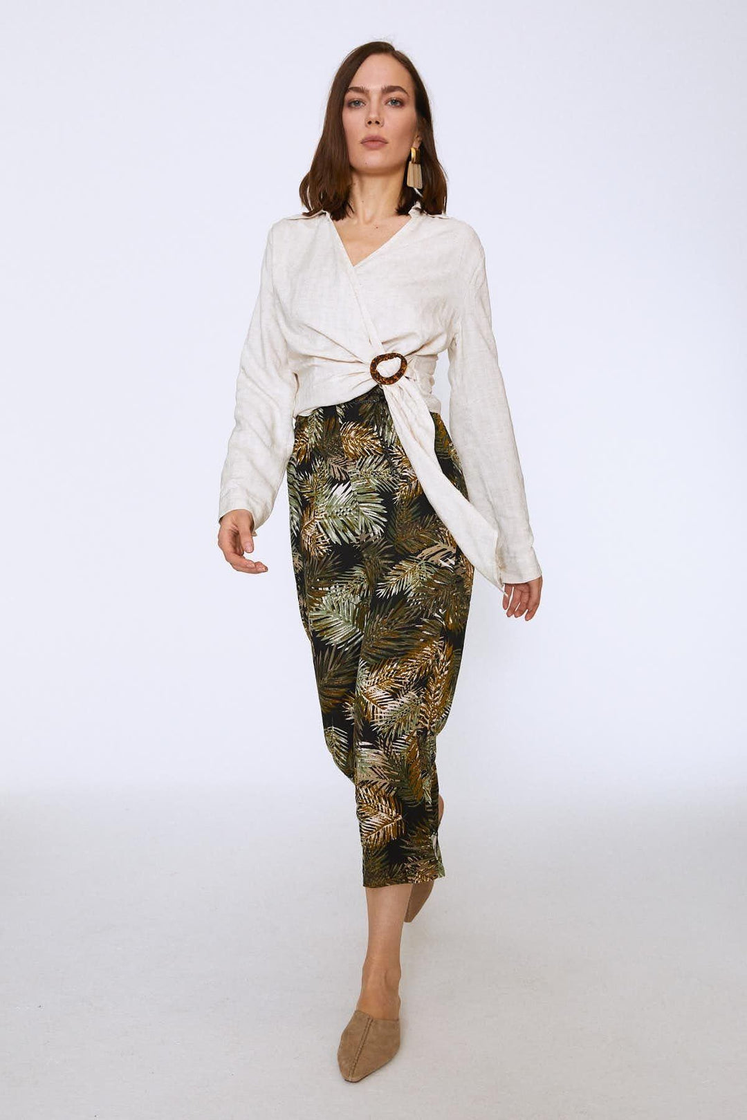 Buckled Waist Double Breasted Linen Blouse Natural