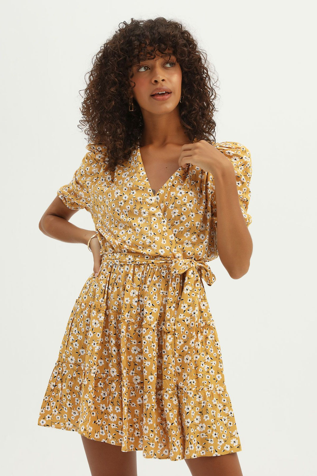 Floral Waistcoat Double Breasted Dress Mustard