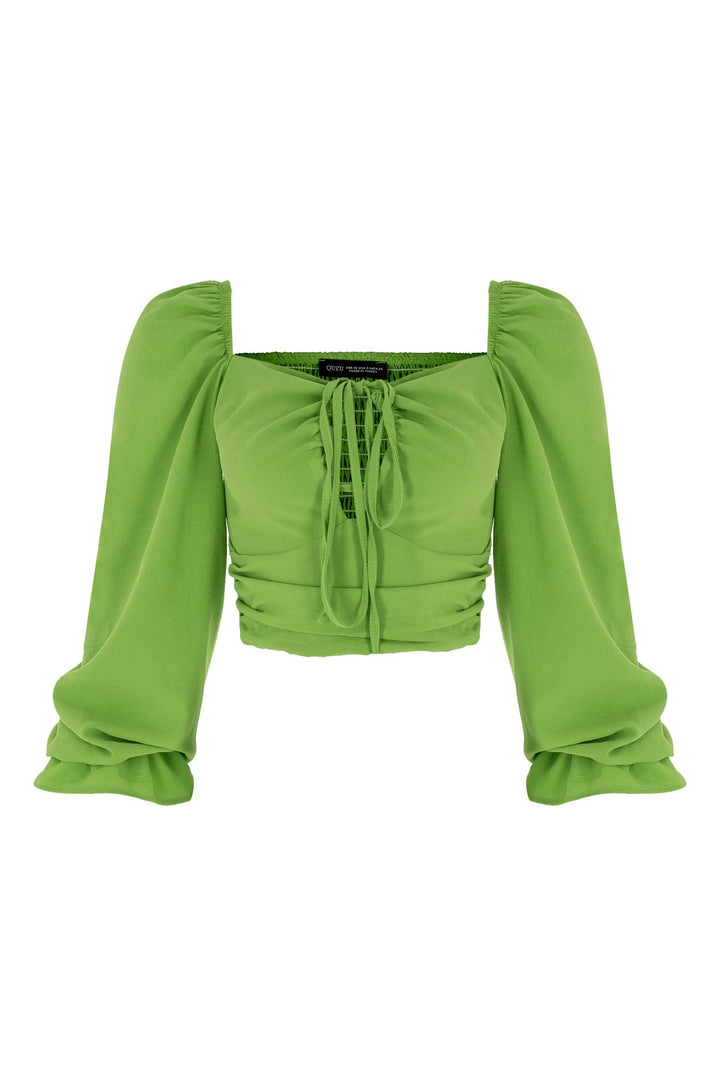 Tie Detailed Balloon Sleeve Blouse Green