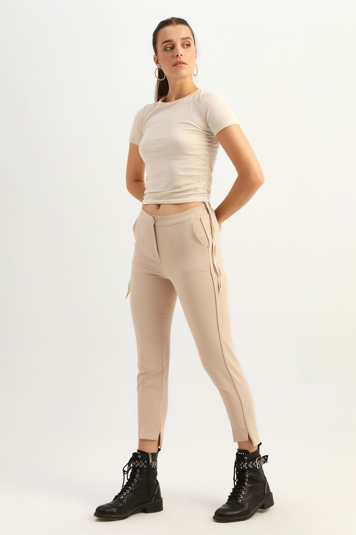 Yanları Büzgülü Basic Tişört Açık Bej