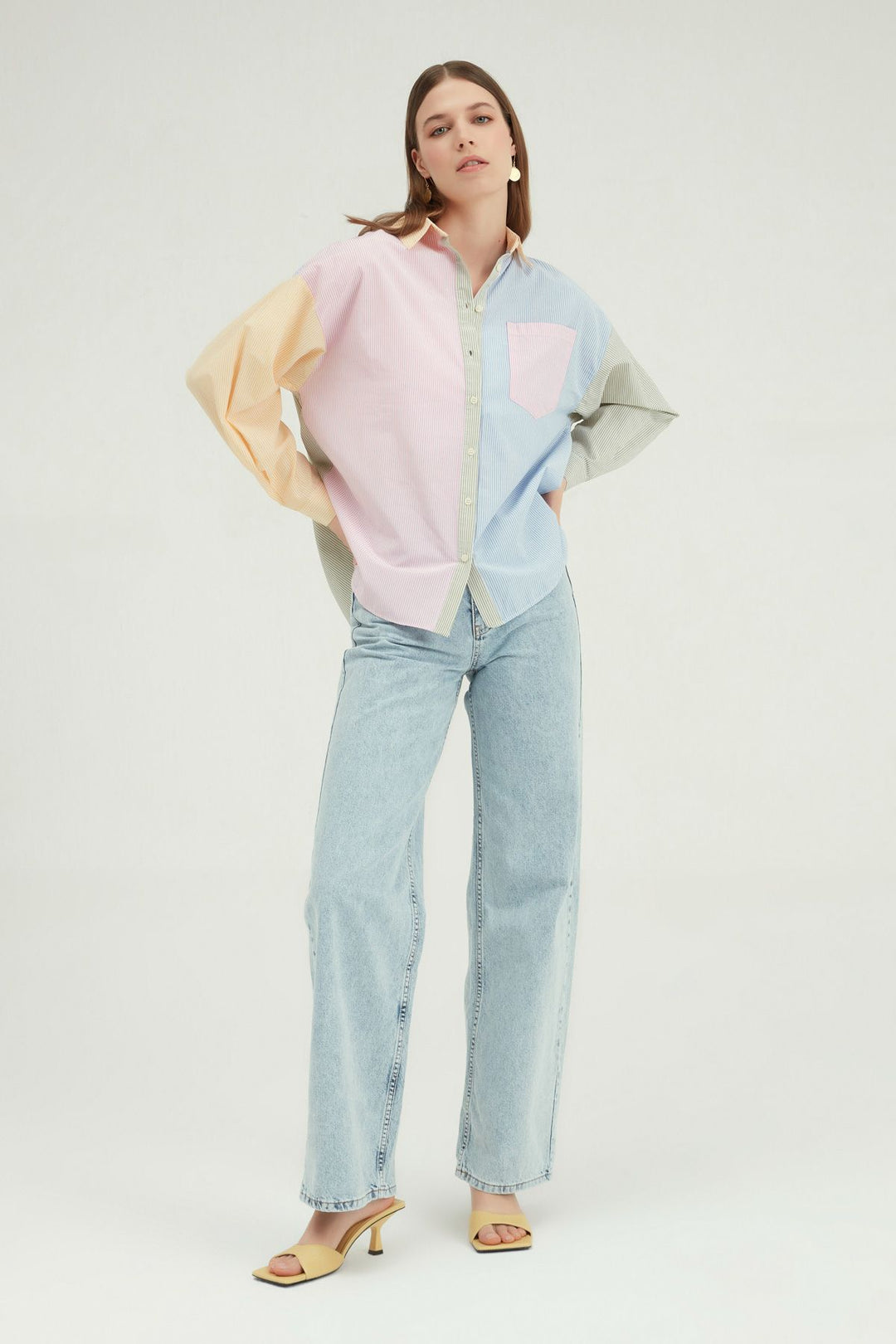 Çizgili Renkli Oversize Gömlek Pembe