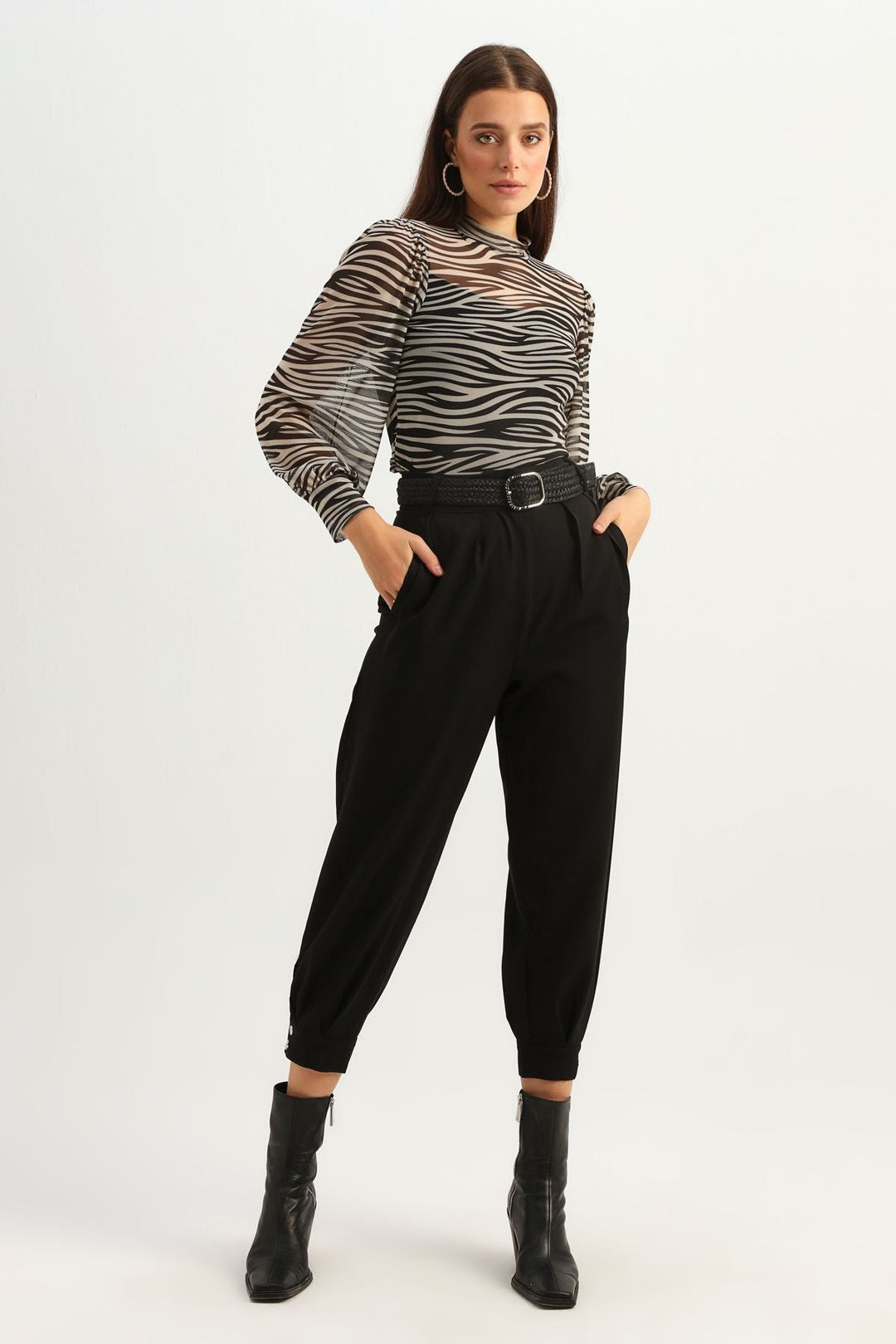 Zebra Patterned Tulle Blouse Beige