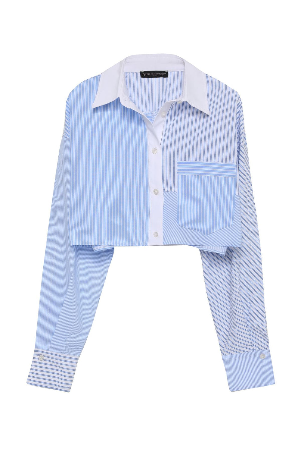Pocket Detailed Striped Crop Shirt Blue