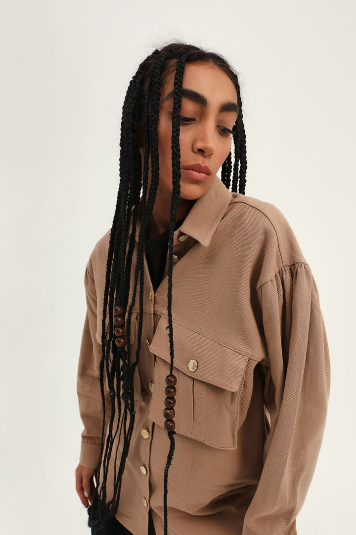 Balloon Sleeve Pocket Shirt Brown