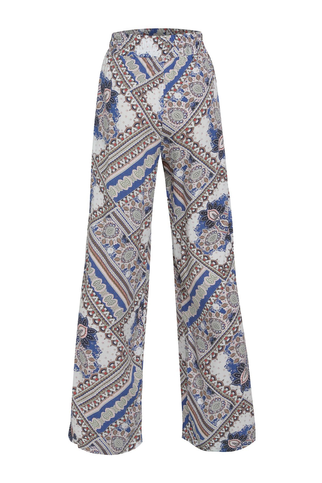 Patterned Wide Leg Waist Elastic Trousers Beige