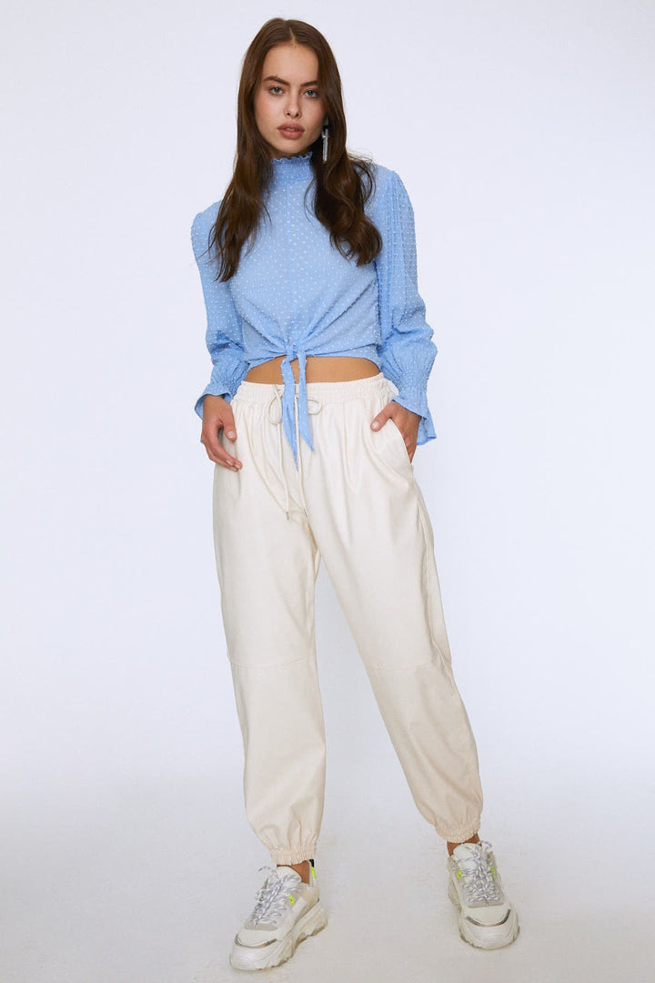 Tie Waist Long Sleeve Blouse Bebe Blue