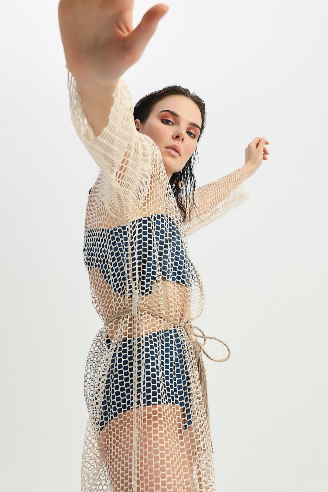 Tie Detailed Mesh Pareo Beige