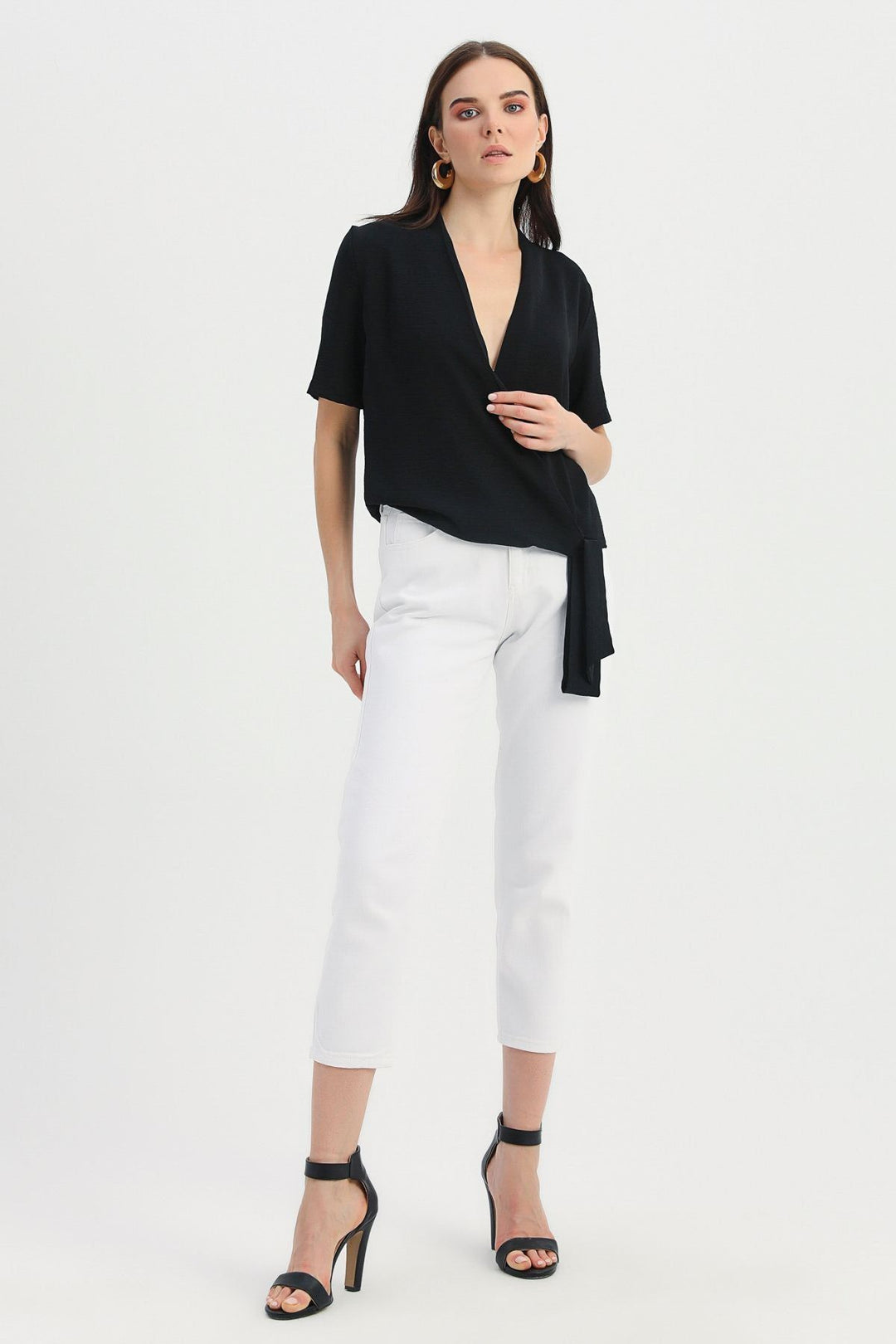 Side Tie Double Breasted Blouse Black