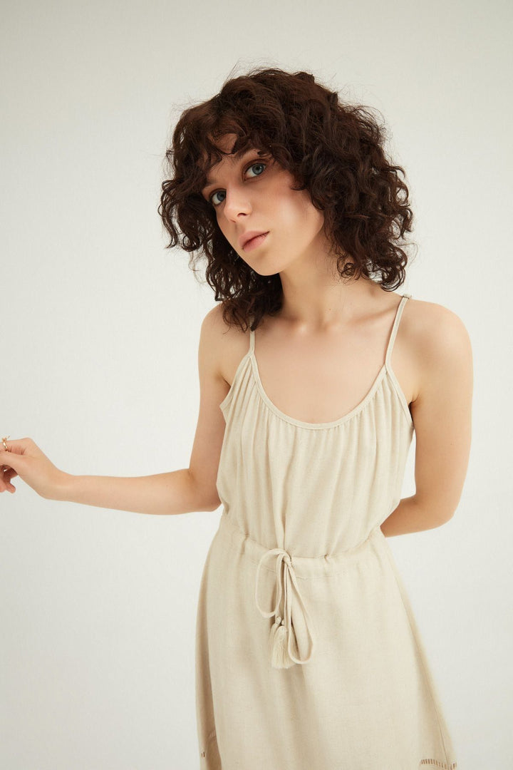 Strapless Linen Dress With Pleated Waist Natural