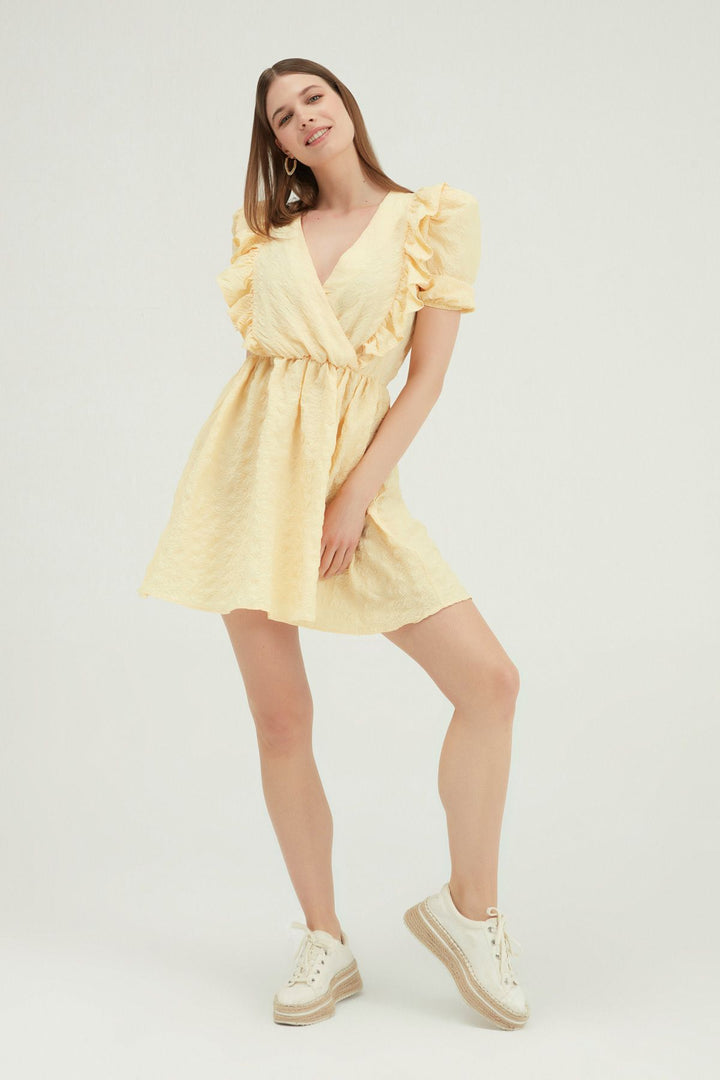 Double Breasted Balloon Sleeve Mini Dress Yellow