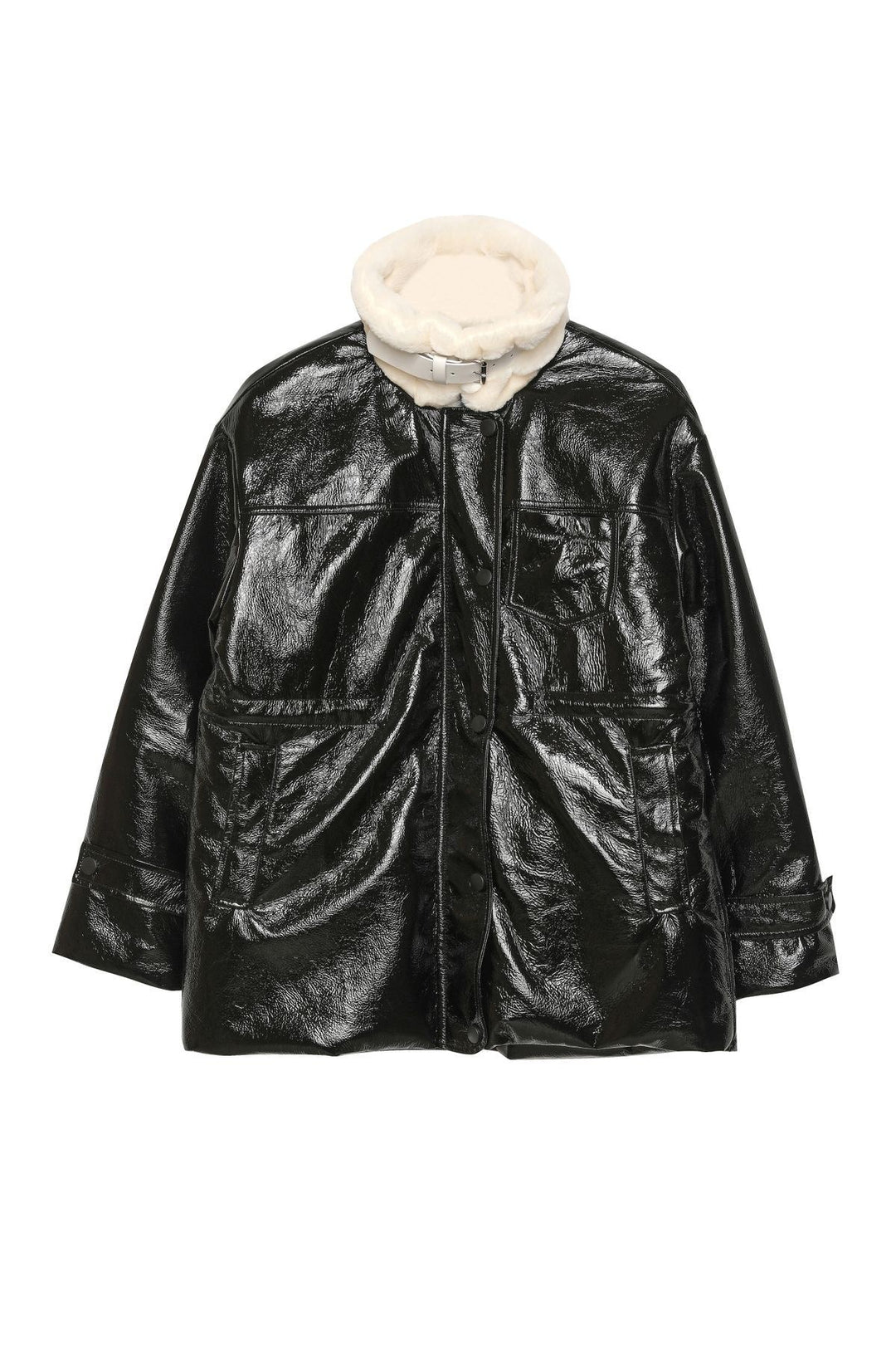 Fur Detailed Patent Leather Coat Black