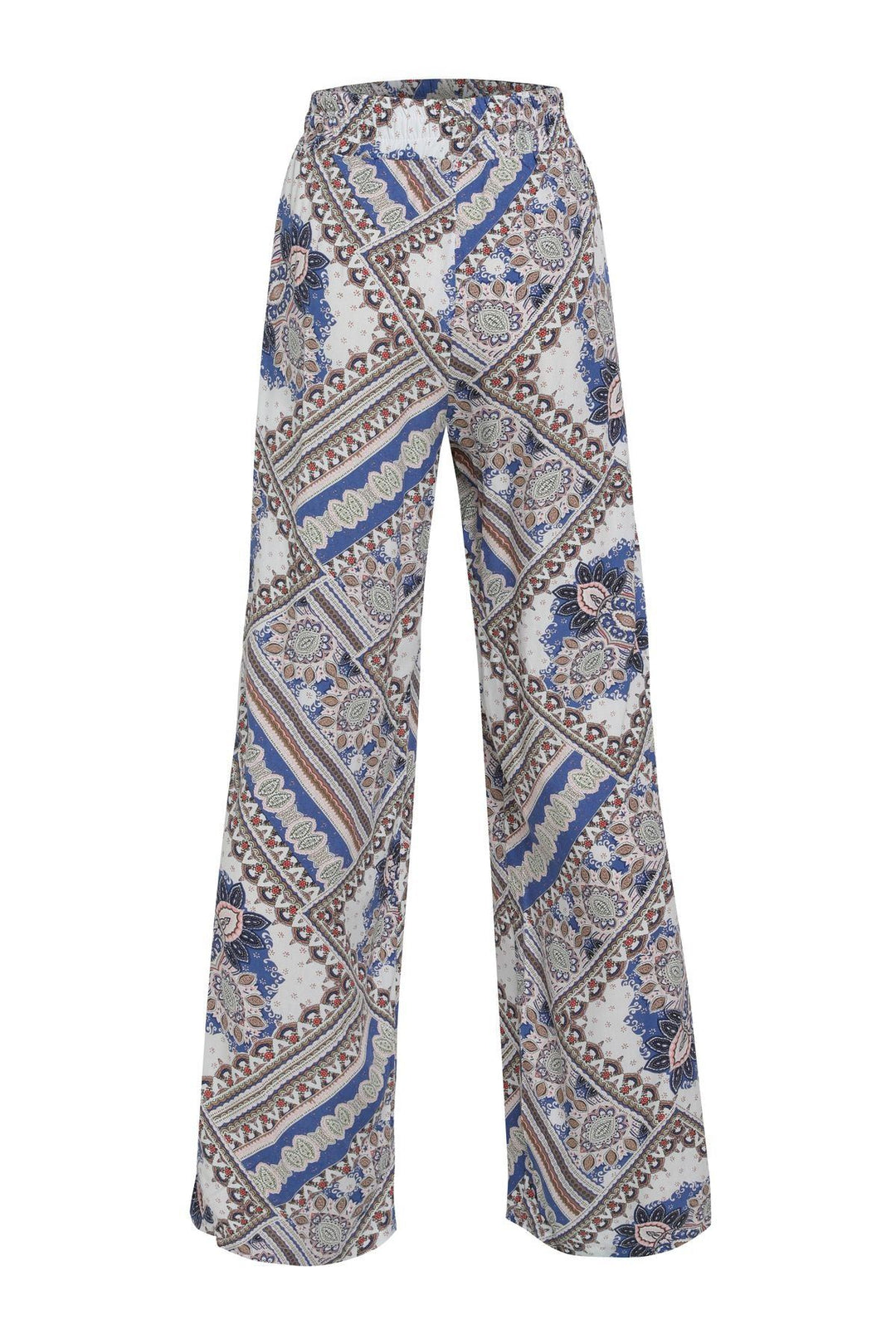 Patterned Wide Leg Waist Elastic Trousers Beige