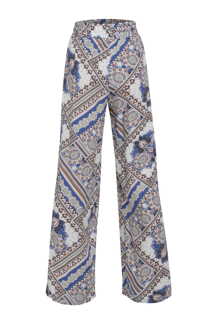 Patterned Wide Leg Waist Elastic Trousers Beige