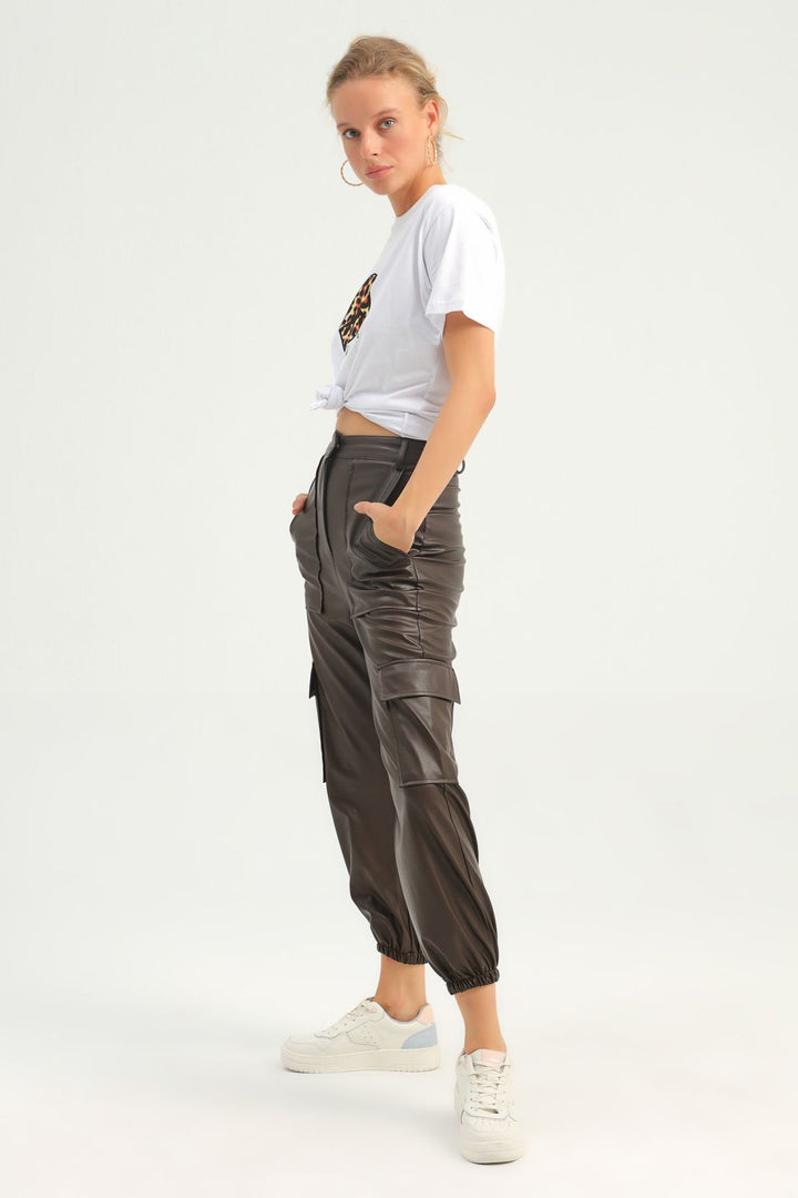 Cargo Pocket Leather Jogger Pants Brown