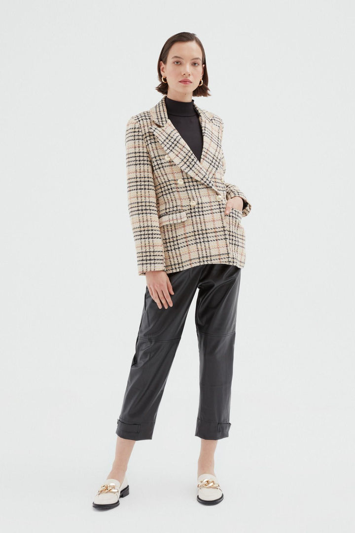 Çizgili Kruvaze Blazer Ceket Bej