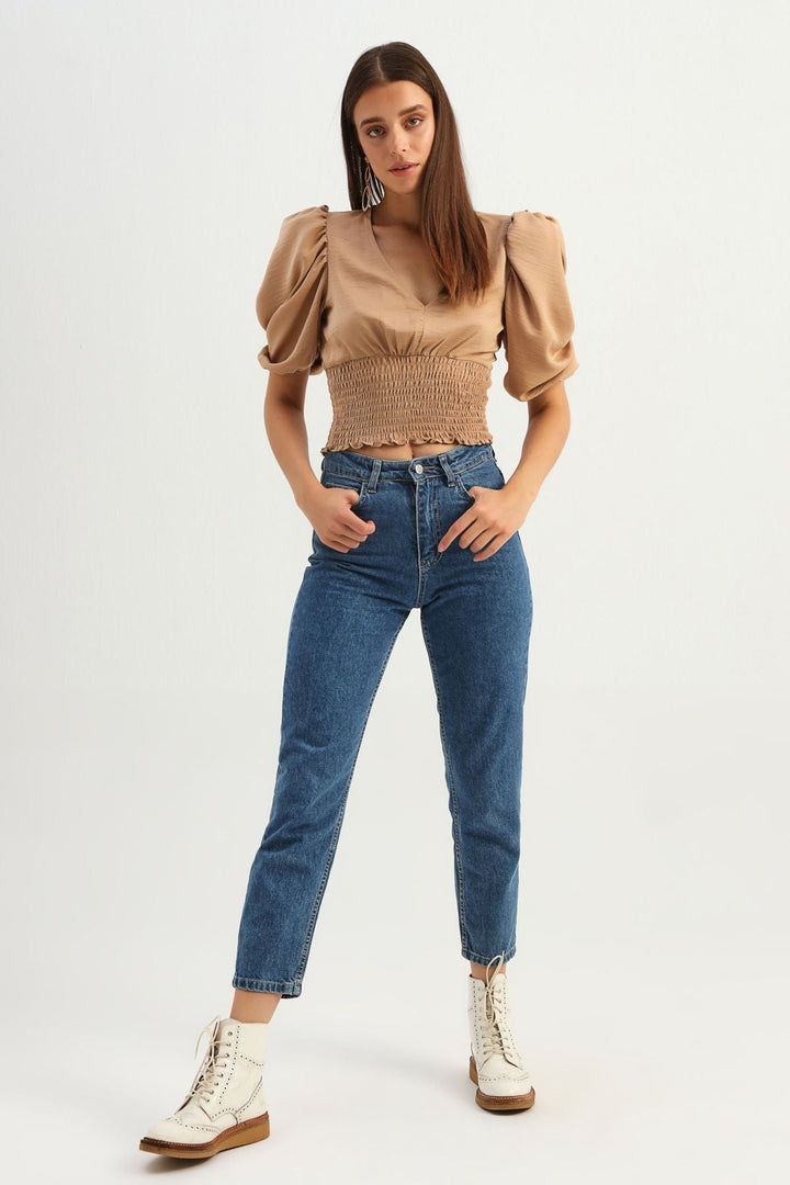 Balloon Sleeve Waistband Gipe Blouse Camel